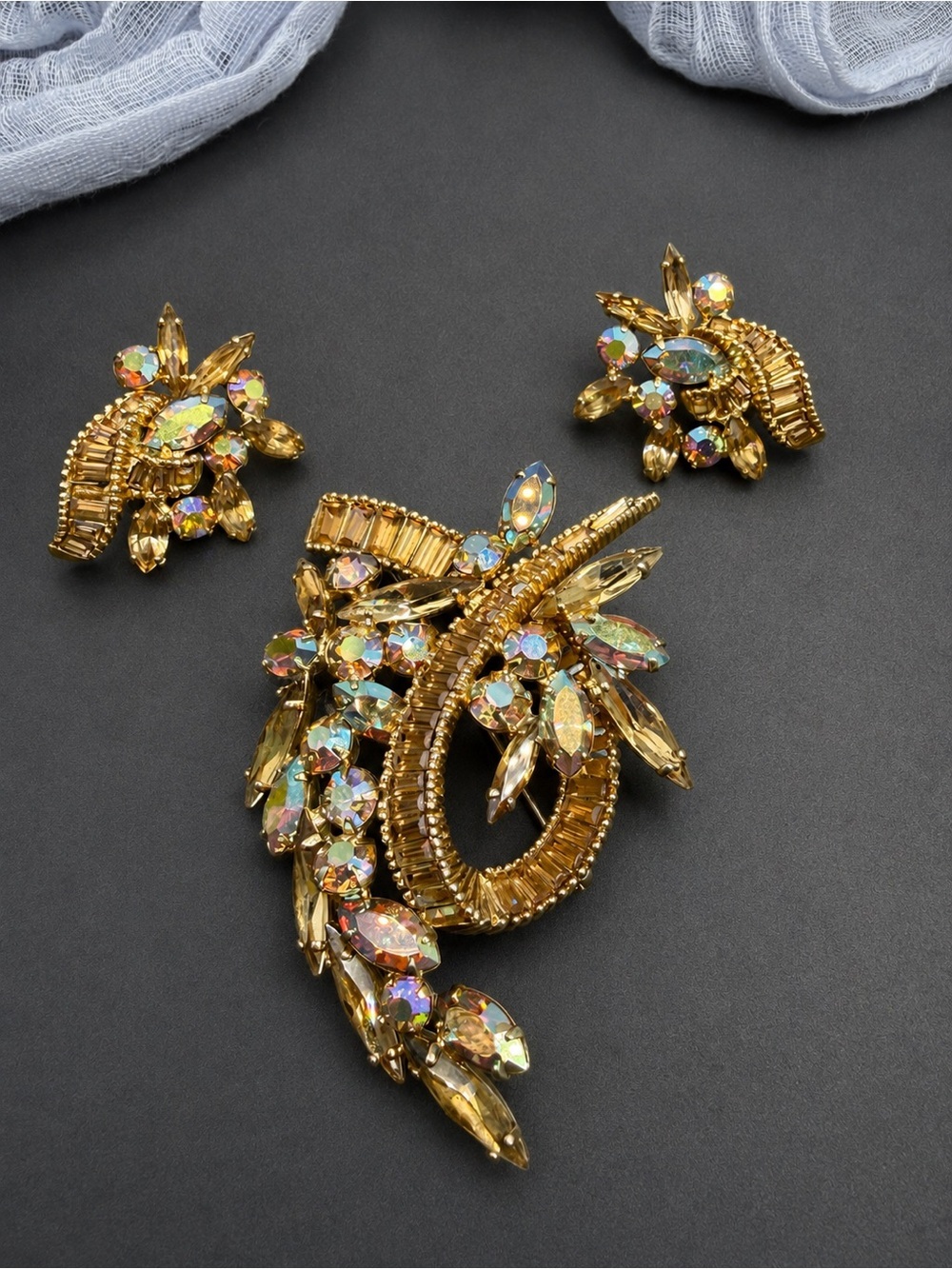 Vintage Avon de Belleville  Aurora Crystal Brooch with Matching Clips #85set
